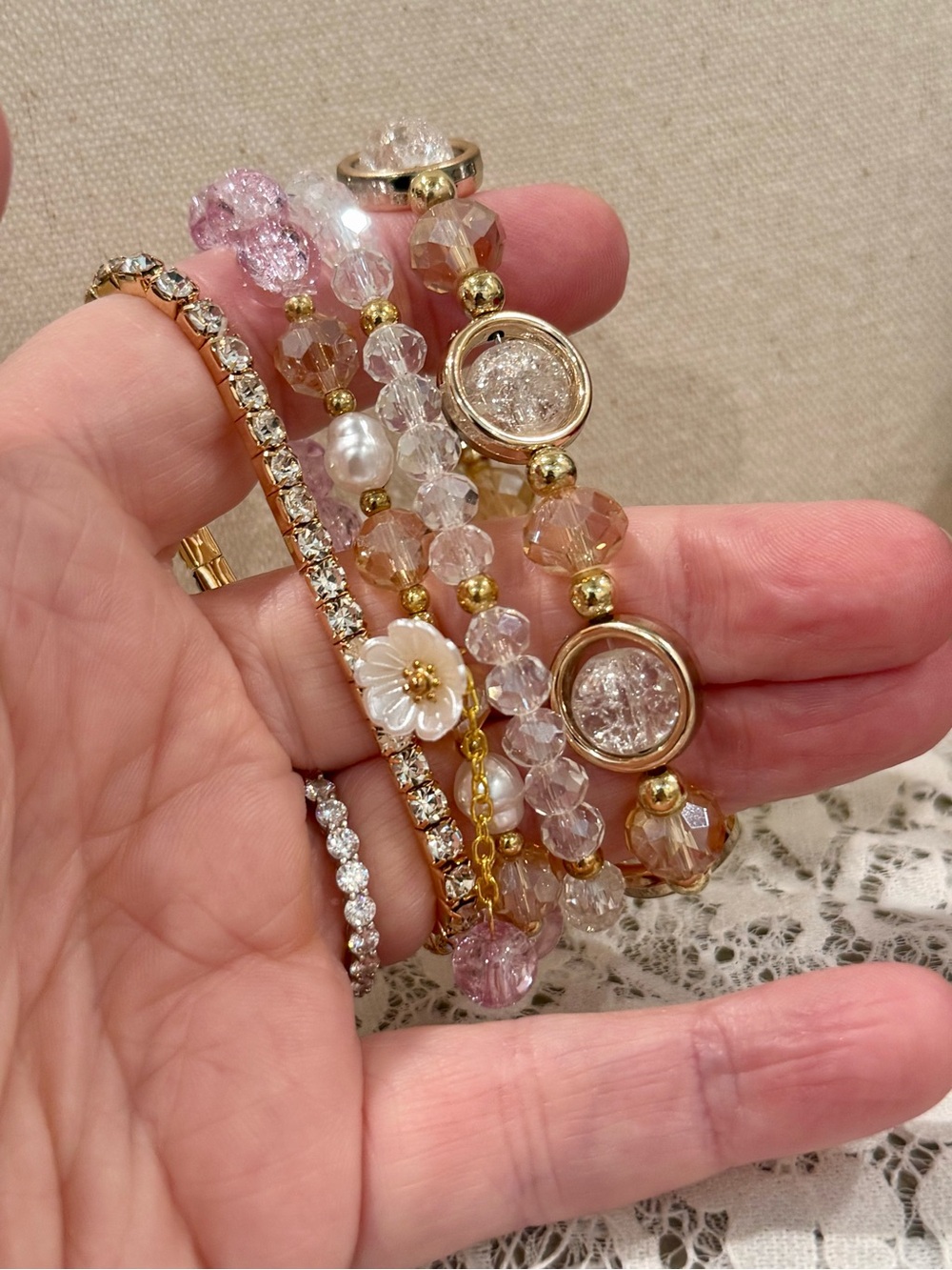 Gold-Tone Pink and Clear Beaded Bracelet Set (4)